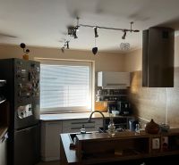 Küche in einem Einfamilienhaus mit einer Metall-Dunstabzugshaube, Boden mit Holzdekor.