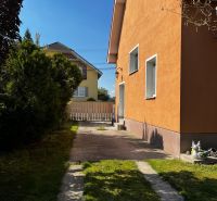 Ein Einfamilienhaus in Čalovec mit einer orangefarbenen Fassade, einem Rasen und einer befestigten Zufahrtsstraße.