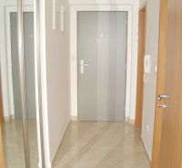 Eingangsbereich in einem Studio-Apartment mit Fliesenboden, Spiegelschrank und weißen Wänden.