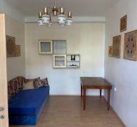 Ein Zimmer in einer 2-Zimmer-Wohnung mit einem blauen Sofa und einem Holztisch, Boden mit Holzdekor.