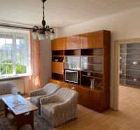 Wohnzimmer einer Zweizimmerwohnung mit Holzboden und bequemen Sitzgelegenheiten.