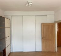 Innenraum einer 2-Zimmer-Wohnung mit einem weißen Schrank und einem Regalsystem, Boden mit Holzdekor.