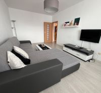 Wohnzimmer in einer Zweizimmerwohnung mit Holzboden und Ecksofa.