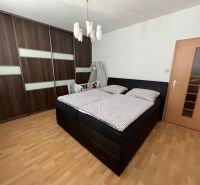 Schlafzimmer in einer 2-Zimmer-Wohnung mit großem Schrank und Boden in Holzoptik.