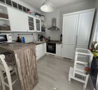 Küche in einer 2-Zimmer-Wohnung mit weißen Möbeln, Bartresen und Boden in Holzoptik.