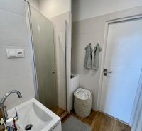 Badezimmer in einer 2-Zimmer-Wohnung mit Holzboden, Duschkabine und Waschmaschine.