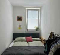 Gemütliches Schlafzimmer mit Bett, Bild und Kleiderschrank in einer 2-Zimmer-Wohnung.