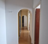 Flur mit einem Bogenübergang und einem Boden mit Holzdekor in einer 2-Zimmer-Wohnung.