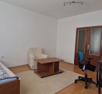 Wohnzimmer in einer Zweizimmerwohnung mit Bett, Sessel und Holzboden.
