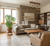 Wohnzimmer in einem Einfamilienhaus mit Holzboden und grünen Pflanzen.