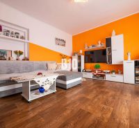 Wohnzimmer mit orangefarbener Wand, Sofa und Holzboden in einem Einfamilienhaus.