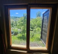 Der Blick aus dem Fenster der Hütte auf die grüne Landschaft und die Bäume.