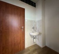Büros mit Waschbecken, Türen und Boden in Holzoptik.