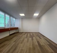 Büros mit großen Fenstern und einem Boden in Holzoptik.