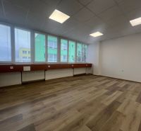 Büros mit großen Fenstern und Holzboden.