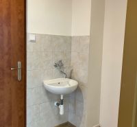 Kleines Waschbecken mit Fliesen und Boden in Holzoptik im Büro.