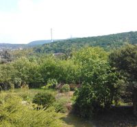 Ein Garten mit Blick auf Grünflächen und einen Industrieschornstein in Bratislava - Karlova Ves.