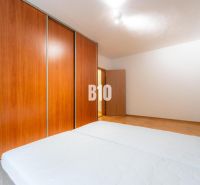Schlafzimmer mit großem Schrank in einer 2-Zimmer-Wohnung, Boden mit Holzdekor.