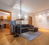 Wohnzimmer in einer Zweizimmerwohnung mit Bar, Holzboden und Küche.