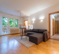 Wohnzimmer in einer Zweizimmerwohnung mit Holzboden und großem Fenster.