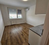 Ein Studio-Apartment mit Holzdekorboden, Klimaanlage und einem großen Fenster für Licht.