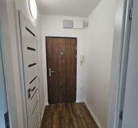 Eingangsbereich in einem Studio-Apartment mit Holzboden und weißen Wänden.