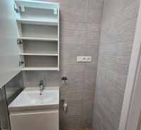 Badezimmer in einem Studio-Apartment mit Waschbecken und Bodenbelag in Holzoptik.