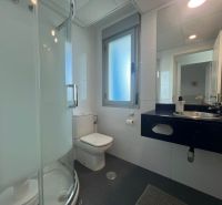 Badezimmer mit Toilette, Dusche und Waschbecken in einer Ferienwohnung.