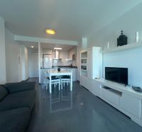 Ferienwohnung mit Sofa, Esstisch und Fernseher, Boden mit Holzdekor.