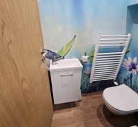 Badezimmer mit Naturmotiv und Boden mit Holzdekor in einer 3-Zimmer-Wohnung.