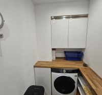 Waschküche in einer 3-Zimmer-Wohnung mit Waschmaschine, Stauraum und einem Boden in Holzoptik.