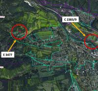 Eine Luftkarte der Grundstücke in der Gegend von Vrútky zeigt landwirtschaftliche und forstwirtschaftliche Flächen.