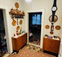 Ein Flur in einer 3-Zimmer-Wohnung mit Möbeln, Teppich und Holzelementen an den Wänden.