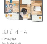 Grundriss einer 3-Zimmer-Wohnung mit Holzboden und Einrichtung.