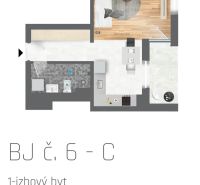 Grundriss einer Einzimmerwohnung mit Holzboden und ausgestatteter Küche.