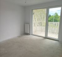 Ein Zimmer in einer 2-Zimmer-Wohnung mit Balkon, großem Fenster und Heizkörper an der Wand.