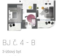 Grundriss einer 3-Zimmer-Wohnung mit geräumigem Wohnzimmer und Balkon, Boden mit Holzdekor.