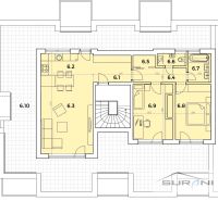 Der Grundriss zeigt eine 3-Zimmer-Wohnung mit Terrasse, Küche, Wohnzimmer und zwei Schlafzimmern.