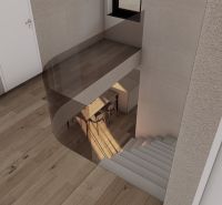 Innenraum mit Treppe, weißen Türen und Boden in Holzoptik.