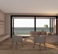 Innenraum mit großen Fenstern, Sofa und Boden mit Holzdekor, geeignet für Grundstücke - Wohnen.