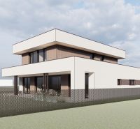 Ein Einfamilienhaus in Sliač, umgeben von Grundstücken zum Wohnen mit minimalistischem Design.