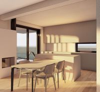 Ein Interieur mit einem Tisch und Stühlen, einem Boden in Holzoptik und großen Fenstern.