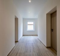 Ein Flur in einem Einfamilienhaus mit einem Boden in Holzoptik und einem Fenster am Ende.