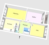 Grundriss einer 3-Zimmer-Wohnung mit Küche, Badezimmer und Loggia.