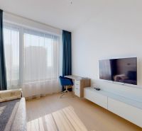 Wohnzimmer mit Sofa, Schreibtisch, Fernseher und Holzboden in einer 3-Zimmer-Wohnung.