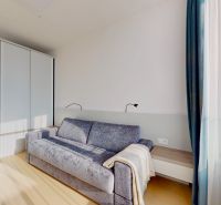 Wohnzimmer in einer 3-Zimmer-Wohnung mit Sofa, Einbauschrank und Boden in Holzoptik.