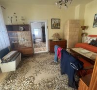 Ein Zimmer in einem Einfamilienhaus mit einer Sitzgarnitur, einer Vitrine und einer Zimmerpflanze.