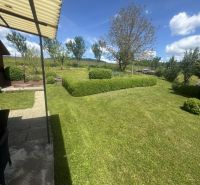 Der Garten des Einfamilienhauses in Orlove mit Rasen und Sträuchern, der Himmel ist klar.