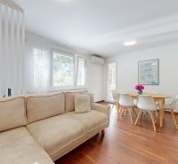 Ein stilvoller Wohnbereich mit Sofa, Esstisch und Holzboden.