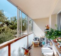 Ein verglaster Balkon in einer 3-Zimmer-Wohnung mit Pflanzen und Blick ins Grüne.